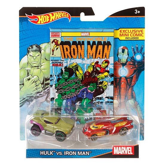 Hot Wheels Marvel Hulk vs. Iron Man Character Car 2-Pack with Mini Comic - New